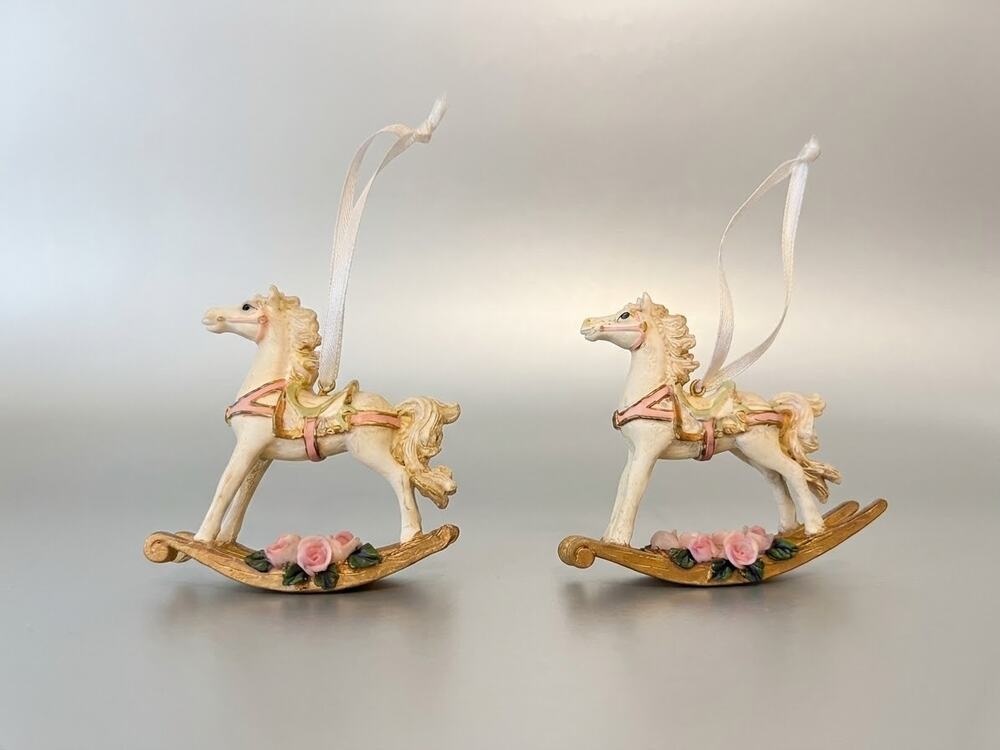 Vintage Rocking Horse Ornaments Set of 2 Ceramic Pink Roses Gold Christmas Decor